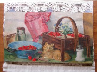 Vintage Mid - Century Oil On Canvas Country Still Life Painting With Cat