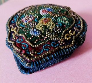 Antique 19thc Bead Work Purse / Pouch,  Wire Oversewn Edging,  Crochet Knit Sides