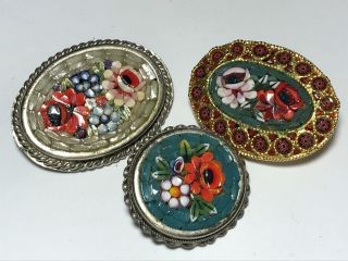 Vtg 3pc Inlaid Micro - Mosaic Art Glass Floral Inlaid Oval Costume Pins Brooches