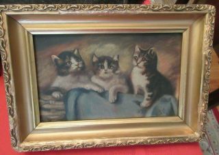 Sweet American Antique Folk Art Oil Painting Cats - Three Kittens In A Basket