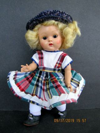 Vintage Vogue Strung Ginny Doll From 1953 In Tagged Plaid Dress