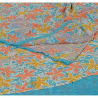 Sanskriti Vintage Blue Saree Pure Georgette Silk Printed Sari Craft 5 Yd Fabric