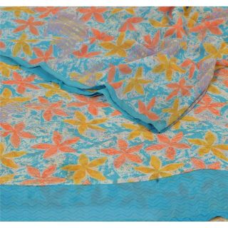 Sanskriti Vintage Blue Saree Pure Georgette Silk Printed Sari Craft 5 Yd Fabric 2