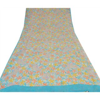 Sanskriti Vintage Blue Saree Pure Georgette Silk Printed Sari Craft 5 Yd Fabric 3