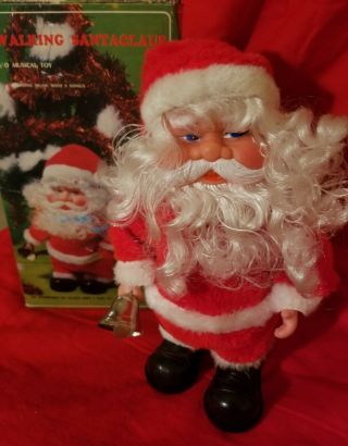 Vintage “walking 10 " Santa Claus Musical Toy Jingle Bells,  Box