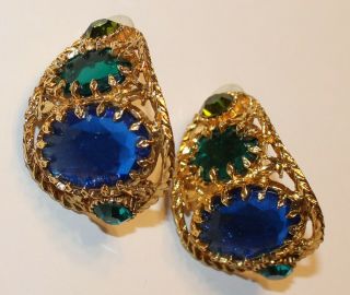Colorful Clip On Earrings Big Blue Green Vintage Gold Tone Huge Large Unique