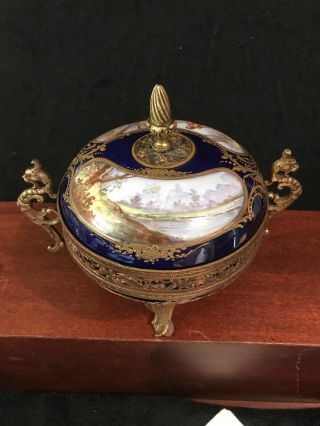 Antique 17c French “sevres” Hand Painted Porcelain And Bronze Vase - O158