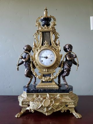 Imperial Italian Mantel Ornate Clock Black Marble & Bronze/brass