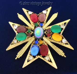 Vintage 80’s Multi Color Glass Cabochon Rhinestone Maltese Cross Gold Scarf Clip