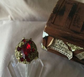 Vtg Brass Ruby Red Glass Lg Tiered Faceted Gothic Cocktail Ring Rhinestones