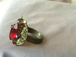 VTG Brass Ruby Red Glass Lg Tiered Faceted Gothic Cocktail Ring Rhinestones 3