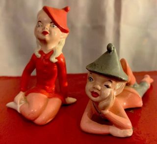 2 - Vintage Holland Mold Christmas Pixie Elfs Ceramic Figurine Flirty