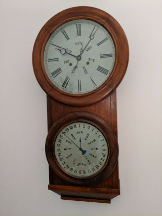 Antique Wall Clock With Calendar Made In Usa In 1880 Bristol Ct Weight Driven