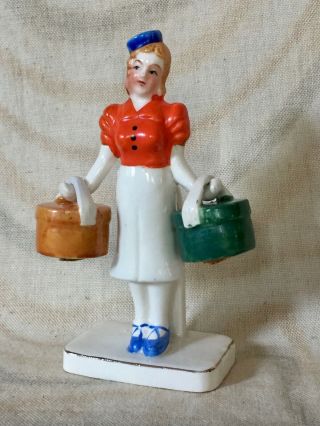 Vintage Art Deco Japan Ceramic Lady W/hat Boxes Salt & Pepper Shakers Set