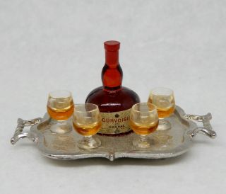 Vintage Courvoisier Bottle & Glasses On Tray - Artisan Dollhouse Miniature 1:12