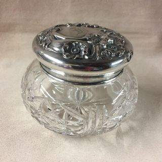 Antique Art Nouveau Unger Bros Sterling Silver Cut Crystal Jar.  Monogrammed