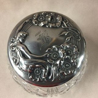 Antique Art Nouveau Unger Bros Sterling Silver Cut Crystal Jar.  Monogrammed 2