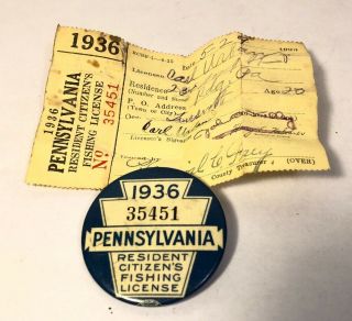 1936 Pennsylvania Resident Fishing License Button W Paper