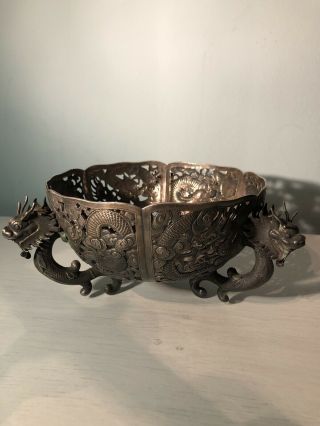 Antique Chinese Silver Bowl With Dragons