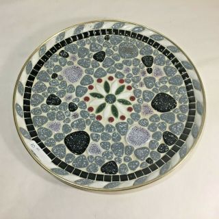 Vtg Round Mcm Serving Plate Tray W Mosaic Tile Stone Flower Design 12 " Wide