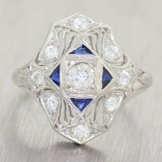 1930s Antique Art Deco Platinum Filigree.  50ctw Diamond Sapphire Ring A9