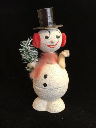 Vintage West German Mica Snowman Candy Holder Nodder Bobble Head