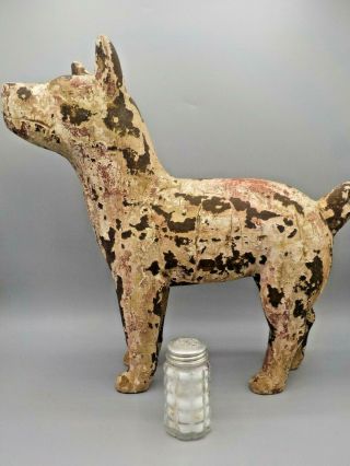 Vintage Carved Wood Large Dog Figure Sculpture Chippy Paint Unknown Primitive