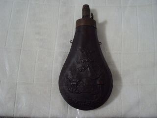 Antique Vintage Brass & Copper Black Gun Powder Flask.  Dog & Hunter Retriever.
