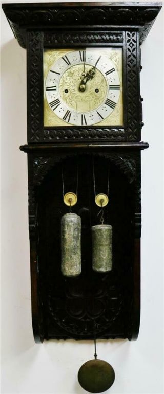 Rare Antique Carved Oak 18thc English John Wise Of London 8day Hooded Wall Clock
