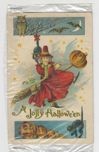 Vintage 1911 A Jolly Halloween Postcard - Witch On Broom With Black Cat 2276