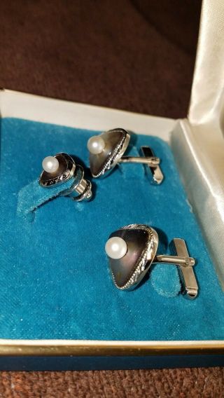 Vintage MARUWA PEARL CO.  Cultured pearl Sterling Silver Cufflinks,  Japan 3