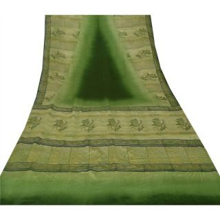 Sanskriti Vintage Green Saree 100 Pure Crepe Silk Printed Sari Craft Fabric 3