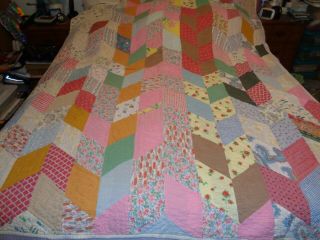 Vintage Handmade Quilt 78 " X 60 " Multicolor Patchwork Pattern - - Minor Flaws