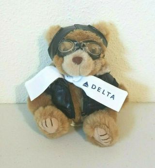 2014 Delta Airlines Pilot Teddy Bear W/goggles,  Bomber Jacket Stuffed Plush 9 "