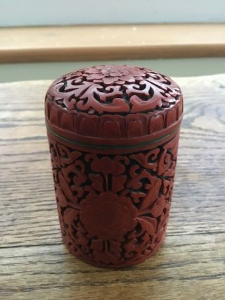 Vintage Chinese Carved Cinnabar Black Lacquered Cylindrical Box Enamelled Metal