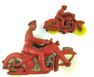 Two Vintage Auburn Rubber Company Policeman On Motorcycle Toy Red Rubber