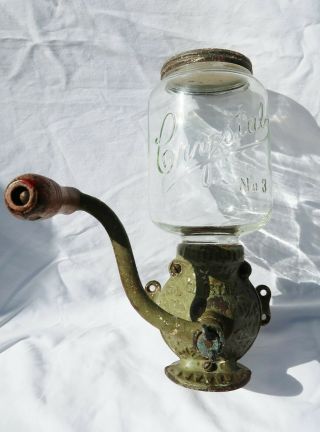 Antique Arcade Crystal Coffee Grinder Glass Wall Mount No.  3 Cast Iron