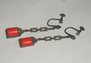 Vintage Art Deco Silver And Marcasite Inset Coral Dangly Screw Earrings.