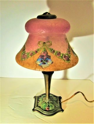 Stunning Antique Bellova Mcfaddin Co Reverse Painted Lamp W Etched Glass Shade