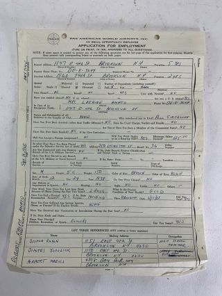 Vintage Pan American World Airways Application For Employment Filled