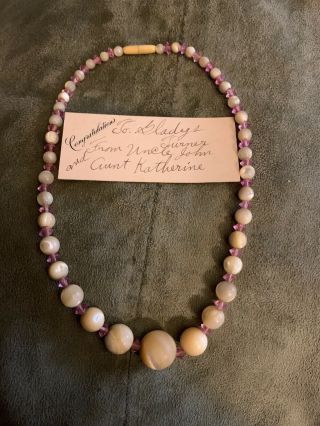 Vintage Antique Mother Of Pearl And Pink Bead Necklace.