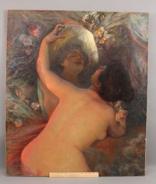 Antique Jules Verdier French Impressionist Nude Woman Reflection Oil Painting