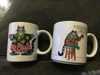 2 Vintage B Kliban " Aloha " Hawaiian Shirt Tiki Cat Coffee Mug & Mousie Song Cups