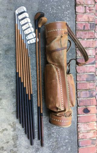 9 Antique Hickory Wood Shaft Spalding Set Golf Clubs & Leather Bag Man Cave Gift