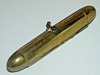 Orignal Antique Vintage Brass Torpedo Shape Single Cigar Tube Case Hinged Holder
