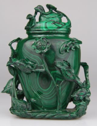 Antique Chinese Carved Malachite Vase Cover Duck 19th C.  Qing