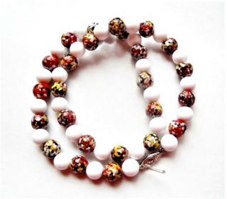 Vintage Alternating Confetti Glass & Milk White Plastic Beads,  20 " Necklace