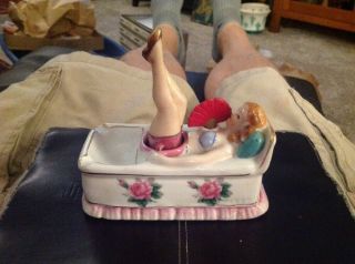 Vintage Porcelain Bathing Beauty Ashtray With Nodder Legs And Fan Naughty