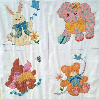 Vintage Baby Quilt Handmade Painted Animals Puppy Elephant Bear Bunny 55 X 66 "