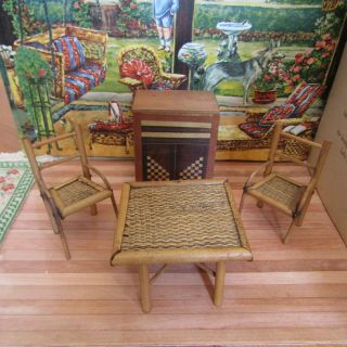 Antique Dollhouse Bamboo Japan Furniture Garden Table Chair Inlaid Wood Cabinet